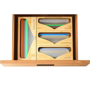 Storage 4 Compartments Bamboo Wood Food Storage Bag Organizer Box Ziplock Bag Storage Organizer And Dispenser For Kitchen Drawer
