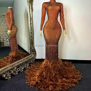 NOVANCE Y1574-B Spring 2022 Latest Design Trends Diamond Brown Feather Dress Solid Color Party Dresses Full Length Evening Dress