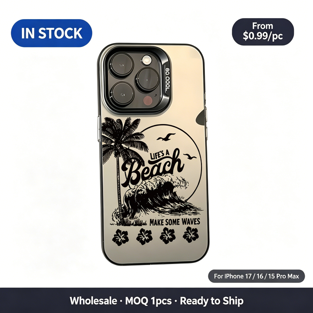 Black Line Art Palm Tree Ocean Wave Beach Pattern Matte TPU Case, Shockproof Cover for iPhone 17 16 15 14 13 Pro Max
