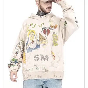 2023 Trendy hand painted graffiti hoodie winter men clothes sublimation hip hop hoodies fashion drop shoulder sweatshirt