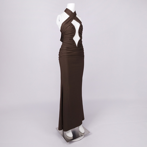 SB3652 lüks kahverengi Hollow Out Bodycon Maxi elbise akşam seksi Halter balo elbise lüks elbiseler kadınlar zarif - Product Image 4