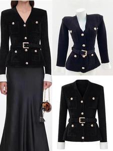 Cardigan da Donna OUDINA a Prezzo di Fabbrica, <span class=keywords><strong>Elegante</strong></span> Scollo a V in Velluto <span class=keywords><strong>Nero</strong></span> con Cintura e Bottoni in Strass - Product Image 2