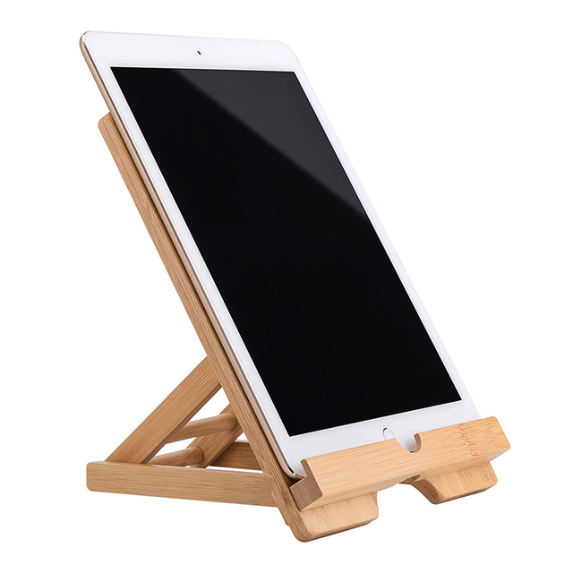 Bamboo Cell Phone Stand Adjustable Folding Wood iPad Stand with Chargeable Hole Desk iPad Holder Cooking Tablet Display Stand
