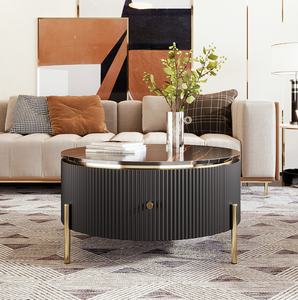 Modern Marble <b>Round</b> Coffee <b>Table</b> with 2 Large Drawers Storage Portable Accent <b>Table</b> for Living Room (31.5'') - Product Image 5