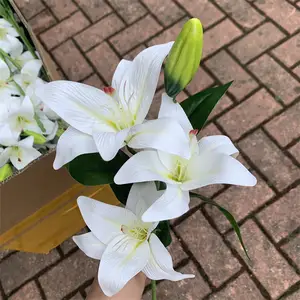 L-359ดอกไม้พิมพ์ลาย3D 3หัวดอกลิลลี่สีขาวสัมผัสของจริงสำหรับช่อดอกไม้งานแต่งงาน