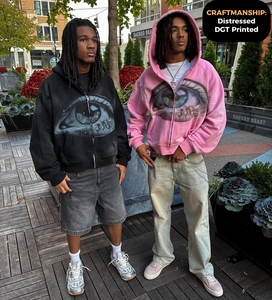 Felpa con Cappuccio da Uomo con Zip, Personalizzata con Strass, Effetto Consumato e Lavaggio Acido, Vestibilità Ampia, Stile Streetwear Pesante, Design con Diamanti - Product Image 3