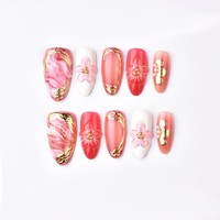 Uñas Postizas 3D con Diseño de Flor de Cerezo, Lámina Dorada, ABS, Cobertura Total, para Fiestas y Uso Diario