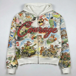 Hoodie court zippé avec imprimé dessin animé audacieux, lettrage en strass « Courage », ourlet brut vieilli, style streetwear - Product Image 2