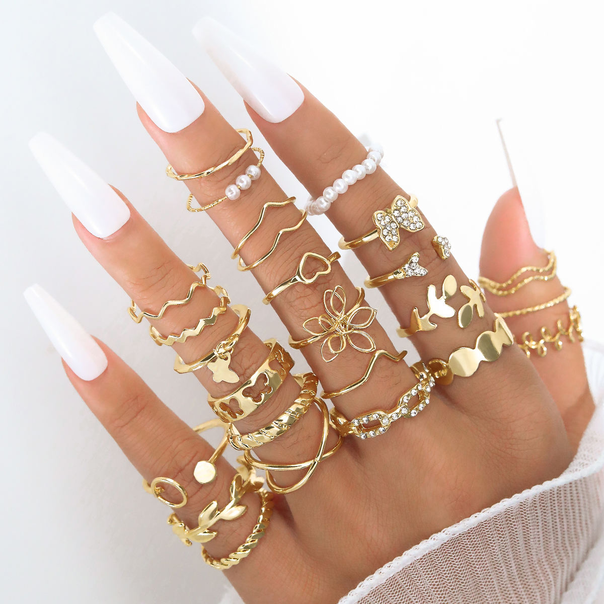2024 New Fashion 25pcs Flower Leaf Heart Finger Rings Set Gold Plated  Crystal Butterfly Ring Set for Women Jewelry Set