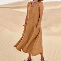 Robe Bohème Moderne pour Femme Sans Manches Taille Mi-Haute Silhouette Évasée en Mélange Coton-Lin avec Poche et Imprimé Thème Océan