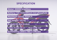 Moto électrique 3000W 72V 75 km/h, moteur haute vitesse, moto électrique pour les trajets en ville, longue autonomie, SKD CKD CBU