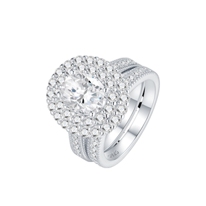 Bague de fiançailles en argent 925 avec halo de moissanite pour femme, ensemble de bijoux de mariage de luxe à double alliance, coupe ovale étincelante GRA - Product Image 1