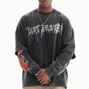 Искусственная многослойная футболка с длинным рукавом, футболка с принтом «Разрушенный грязный эффект», черная футболка оверсайз на заказ