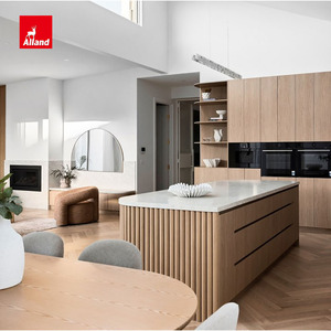 Portes d'armoires en placage de <span class=keywords><strong>bois</strong></span> texturé sur mesure, armoires de cuisine modernes en contreplaqué de chêne blanc massif avec îlot de cuisine ovale cannelé - Product Image 4