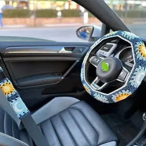 Universal Cute Girly Fabric Flower Smiley Knit Crochet Steering Wheel Cover for Women