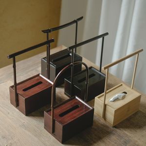 Caja de pañuelos de bambú con asa, forma rectangular, para sala de té, caja de almacenamiento estilo Zen chino retro, pañuelos extraíbles - Product Image 2