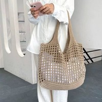 Bolso de playa tejido a mano de alta calidad para mujer, diseño sencillo, bolsos de mano elegantes huecos para mujer con logotipo impreso personalizado