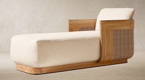 Chaise longue d'extérieur en teck personnalisée, côtés en rotin tressé, dossier réglable, tissu imperméable pour patio, piscine, jardin - Product Image 2
