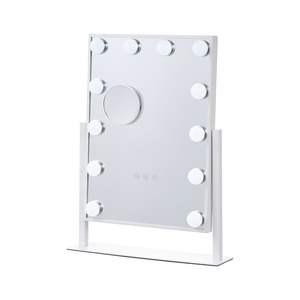 Espejo de Maquillaje de Escritorio Estilo Hollywood con Luces, Aumento 5X, Plegable, Marco Plateado, Plástico, 30 x 41 cm, Iluminado - Product Image 1