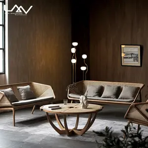 现代北欧阳台客厅木质沙发组合天然藤条/柳条休闲3座沙发家具