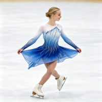 Robe de patinage artistique dégradé blanc-bleu, manches longues, dos profondement ouvert, jupe ornée de strass pour compétition et performance adultes et enfants