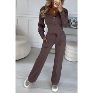 Women's Hooded Zipper Top & Solid-Color Wide-Leg Pants Sports Casual 2-Piece Set Fashion - Product Image 3