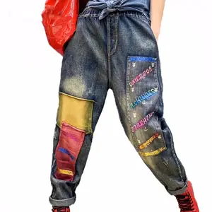 Celana Denim Kustom Celana Panjang Kasual Gaya Korea Celana Harem Punk Wanita Patchwork Jeans Peg Kaki Dicetak Ukuran Besar