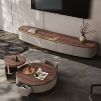 Meuble TV en bois massif avec table basse ronde en placage de noyer – Ensemble combiné pour salon d'hôtel ou gîte – Vente en gros