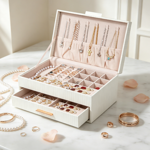 Élégante Boîte de Rangement Blanche pour Bijoux, Panneau Suspendu pour Colliers, Deux Tiroirs et Plateaux Divisés pour Collection de Bagues, Boucles d'Oreilles et Bracelets - Product Image 4