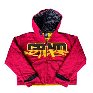 Chaqueta de trabajo de lona de algodón grueso personalizada para hombre, con forro acolchado, capucha, estilo grafiti, streetwear, con cremallera, corte holgado. - Product Image 1