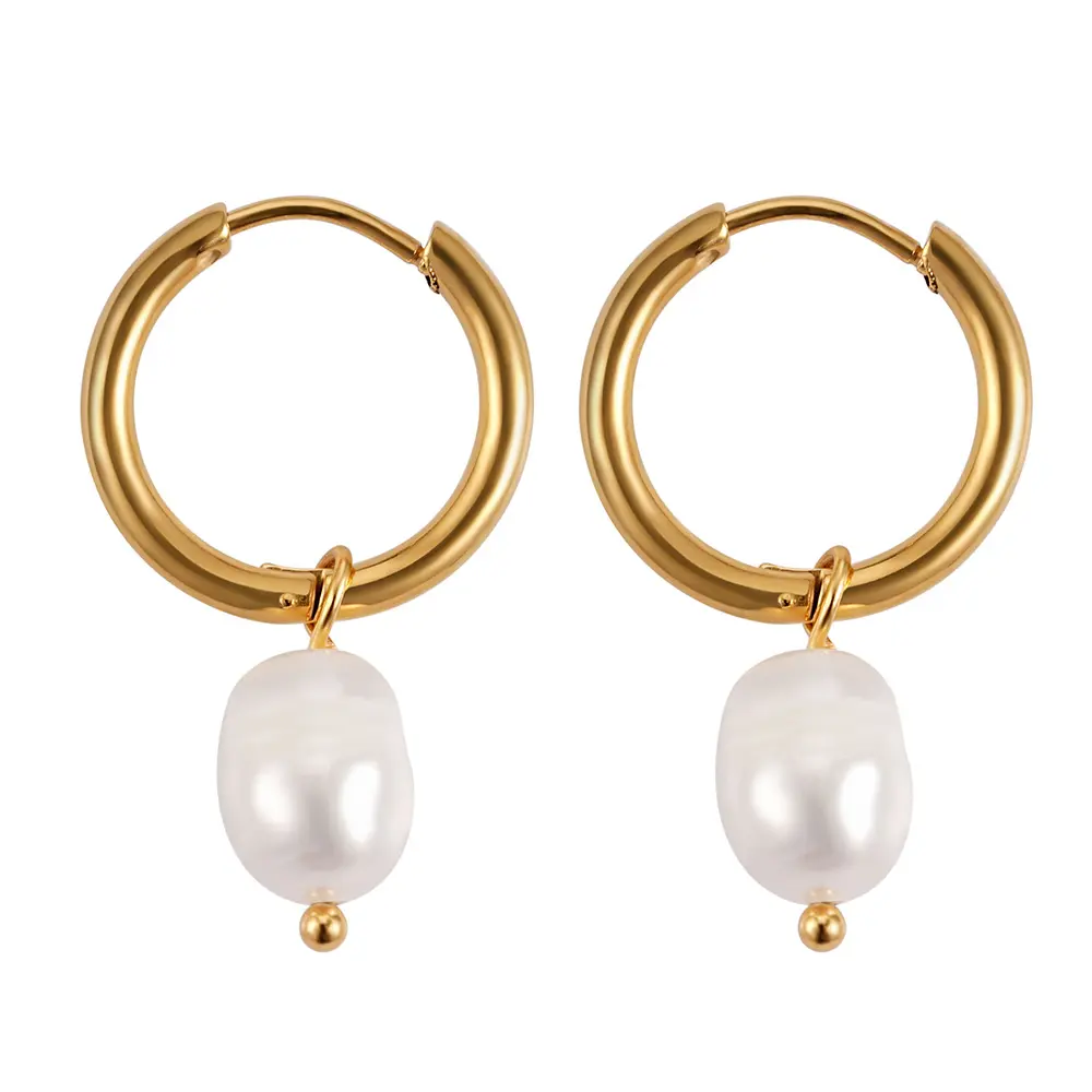 Metal circle ear buckle freshwater pearl pendant earrings luxury French stainless steel 18K gold plated earrings
