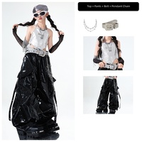 Costumes de danse jazz pour filles, haut à bretelles argenté métallisé, pantalon cargo en vinyle noir brillant, vêtements de scène pour enfants