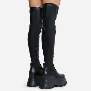 Stretch Upper Women Thick Sole High Platform Over Knee <b>Boots</b> Square Toe Chunky Heels Skintight Thigh High Booties - Product Image 3