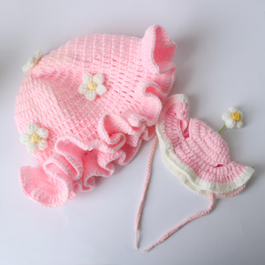 Gorro de bebé de ganchillo, gorro de sol tejido con pompón de flor y borde con volantes para niños, viajes, actividades al aire libre. Se acepta personalización. - Product Image 3