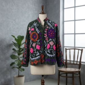 <b>Women</b>’s Vintage Floral Embroidered Velvet Jacket Multicolor Kashmiri Sujani Woolen Winter <b>Coat</b> Wholesale Manufacturer - Product Image 1