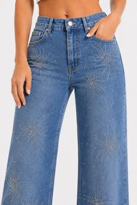 Jeans in Denim a Vita Alta e Gamba Larga con Ricami di Paillettes Vestibilità Comoda Lunghezza Intera Stile Casual Blu Chiaro in Cotone - Product Image 5