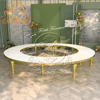 Table à manger antique ronde demi-lune en verre clair à base d'acier inoxydable blanc pour 12 personnes