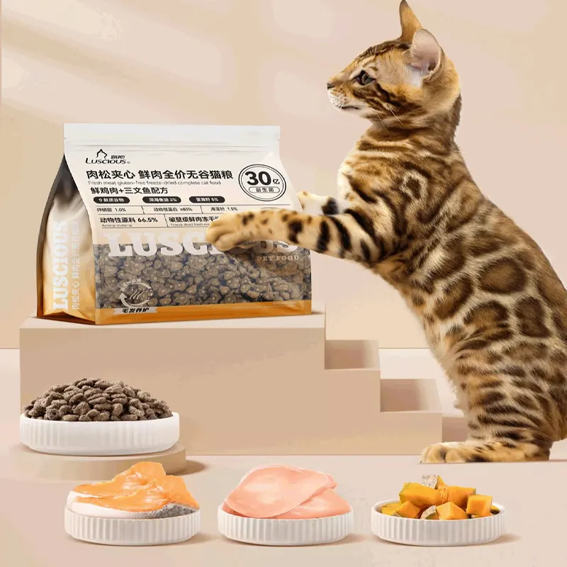 Alimentos y golosinas para mascotas de alta calidad al por mayor, fórmula de pollo y salmón fresco nutritivo completo, comida para gatos sin granos de carne fresca