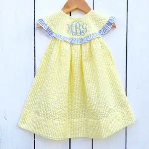 Ropa personalizada de verano para bebé, Pelele de burbujas con monograma amarillo, Seersucker, embellecedor de volantes, venta al por mayor