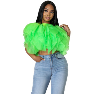 <span class=keywords><strong>Plus</strong></span> <span class=keywords><strong>Size</strong></span> XXL Falbala Rüschen besatz Rundhals ausschnitt Ärmellose Elegante Lässige Damen blusen Chiffon Mesh Patchwork - Product Image 6