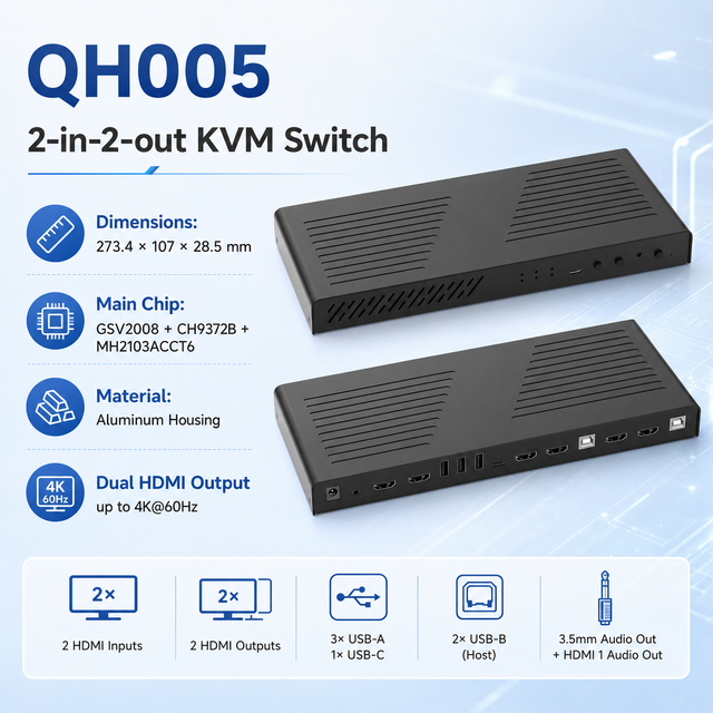 DiTaiJia QH005 2-in-2-out KVM Switch Dual for 4K*60Hz Input/Output USB 2.0/1.1 Keyboard/Mouse Audio Remote Control Aluminum