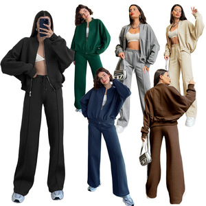 Casual Style Solid Color Reiß verschluss Cardigan Hoodie Damen Straight Pants Anzug Lady 2 Stück <span class=keywords><strong>Top</strong></span> Streetwear Sets - Product Image 2