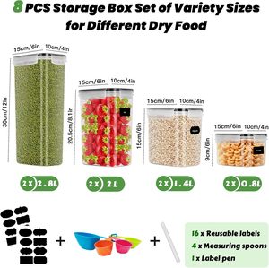 Lot de 8 bocaux de rangement avec couvercle, hermétiques, sans BPA, anti-mites, organisateur de cuisine, conteneur de stockage pour céréales et <span class=keywords><strong>cornflakes</strong></span> avec étiquettes - Product Image 2