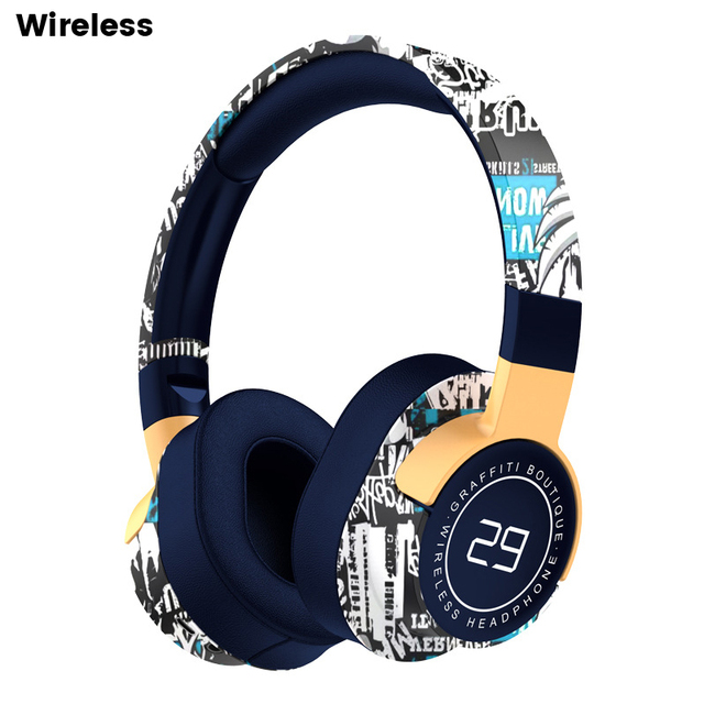 SN29 Wireless BT Headphones Fashion Pattern Design Over-Ear Stereo Headset with Mic Wired Wireless Dual Mode for Sports Travel
