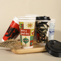 Gobelets en papier à double paroi personnalisés de qualité alimentaire 8oz/14oz/16oz, recyclables, jetables, à emporter avec couvercle et manchon pour boissons chaudes/froides, café