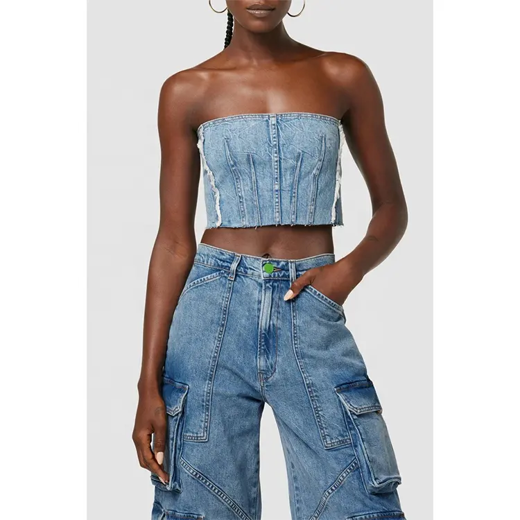 Dunkelblau Jean Bodycon Denim Crop Top Benutzer definierte Sexy Damen Jean Crop Top Denim Korsett