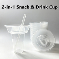 Gobelet jetable 2-en-1 en PP avec bol à collation, gobelet en plastique avec plateau à collation, gobelet à emporter personnalisé pour bubble tea et collations