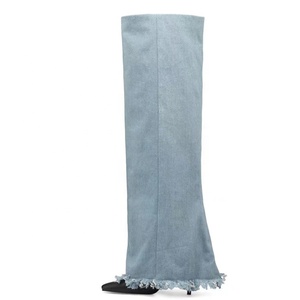 Custom Styles Women Denim Overlay Over Knee High Pants Boots Ladies High Heels Shoes Folded Pointed Toe Jeans Long <b>Booties</b> - Product Image 1