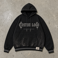 Sweat-shirt à capuche noir personnalisé pour homme avec motif étoile textuel gothique, ourlet côtelé rayé, style streetwear, fourniture OEM ODM