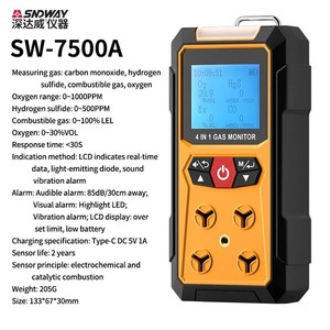 Détecteur de gaz numérique SNDWAY SW-7500A 4-en-1 : Analyseur de gaz combustibles et détecteur de fuites (oxygène O2, monoxyde de carbone CO, H2S, gaz explosifs) - Product Image 4